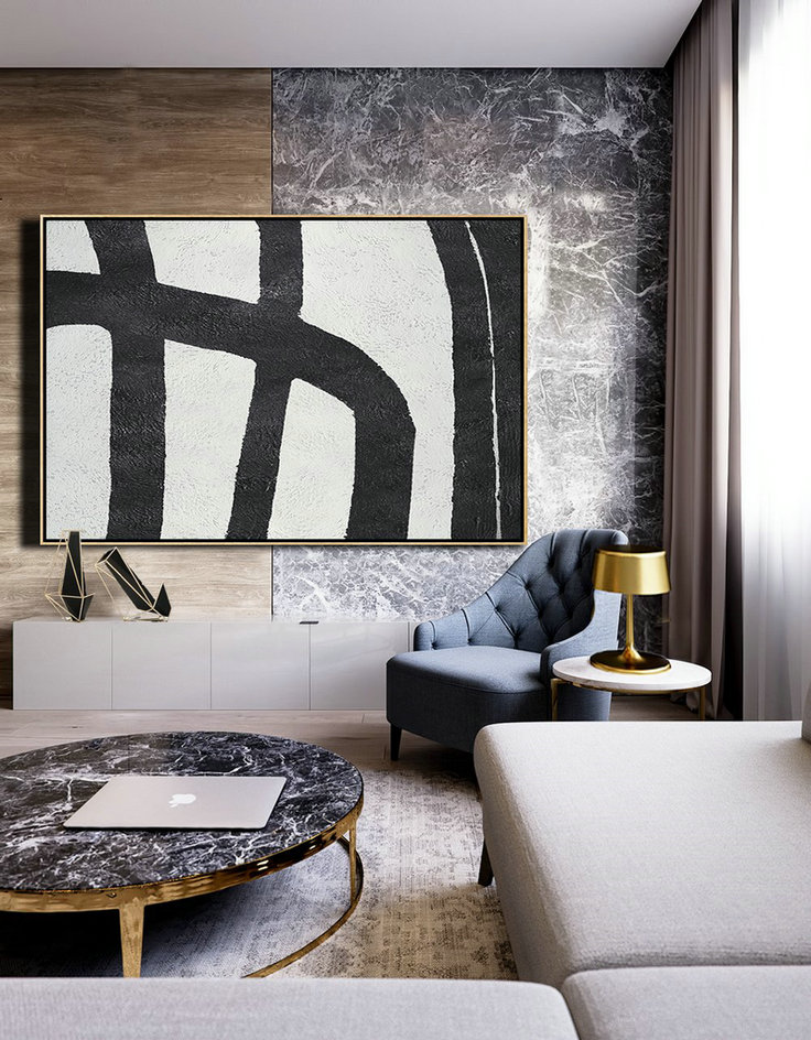 Modern Paintings On Canvas,Hand Painted Oversized Horizontal Minimal Art On Canvas, Black And White Minimalist Painting - Size Extra Large Abstract Art